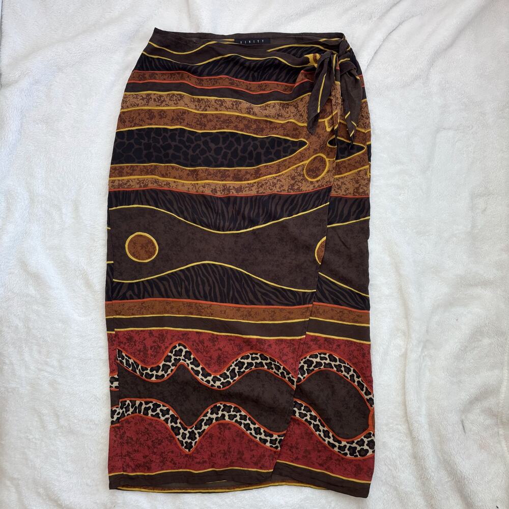 Finity Studio Silk Midi Skirt – Abstract Animal Print 90s Boho- Size 12